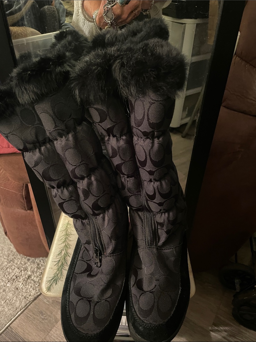 Coach Black Logo Quilted Tall Winter Boots with Fur Cuff